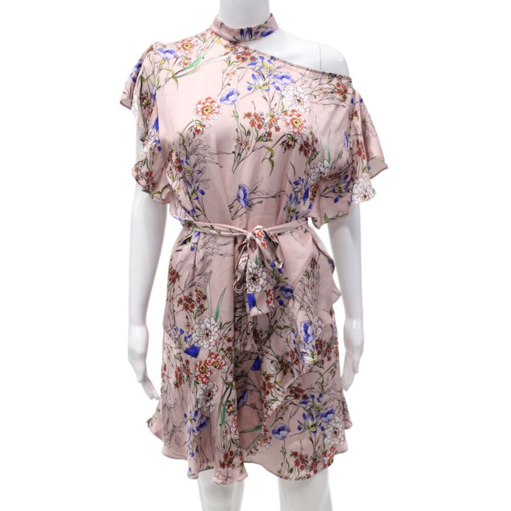 Marissa Webb Womens Mini Floral High Neck Short Sleeve Dress Pink Size M